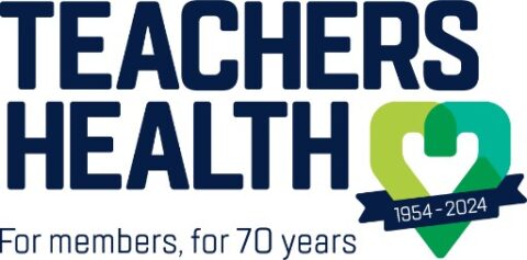 Teachers Health 70th anniversary logo with heart and pin.