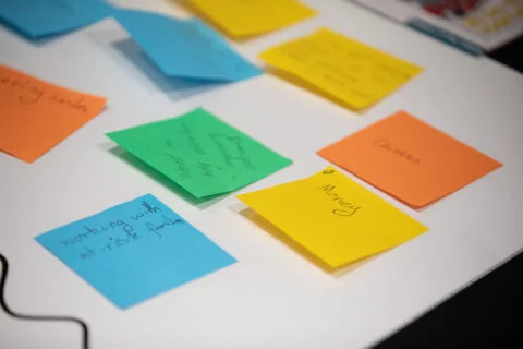 Colorful sticky notes with handwritten words.