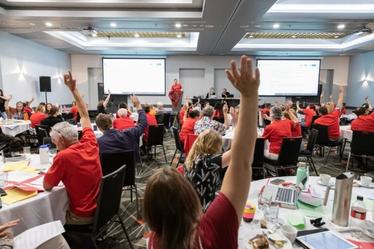 Conference attendees voting at a meeting.