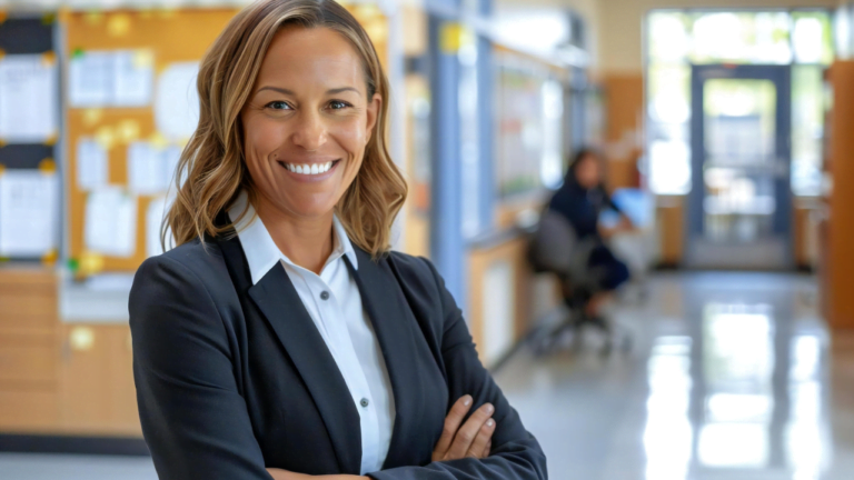 Professional woman smiling in office corridor.