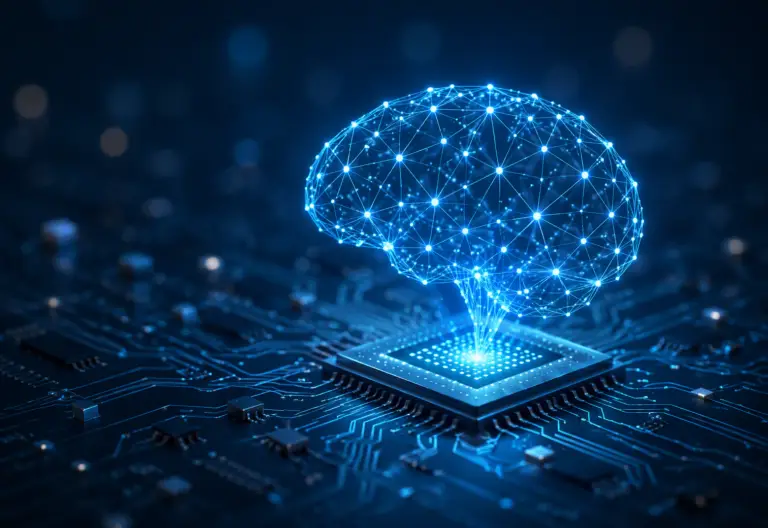 Glowing digital brain above microchip on circuit board