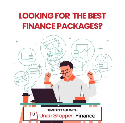 Finance package advertisement featuring a person at a laptop