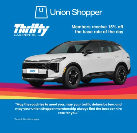 Union Shopper Thrifty car rental 15% discount advertisement