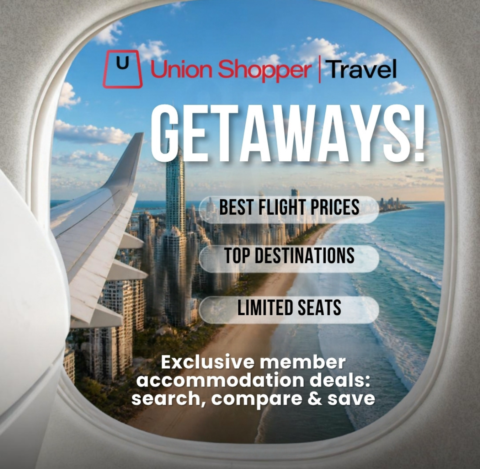 Union Shopper Travel advertisement viewed through an aeroplane window