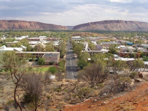 Alice Springs town centre beneath the MacDonnell Ranges